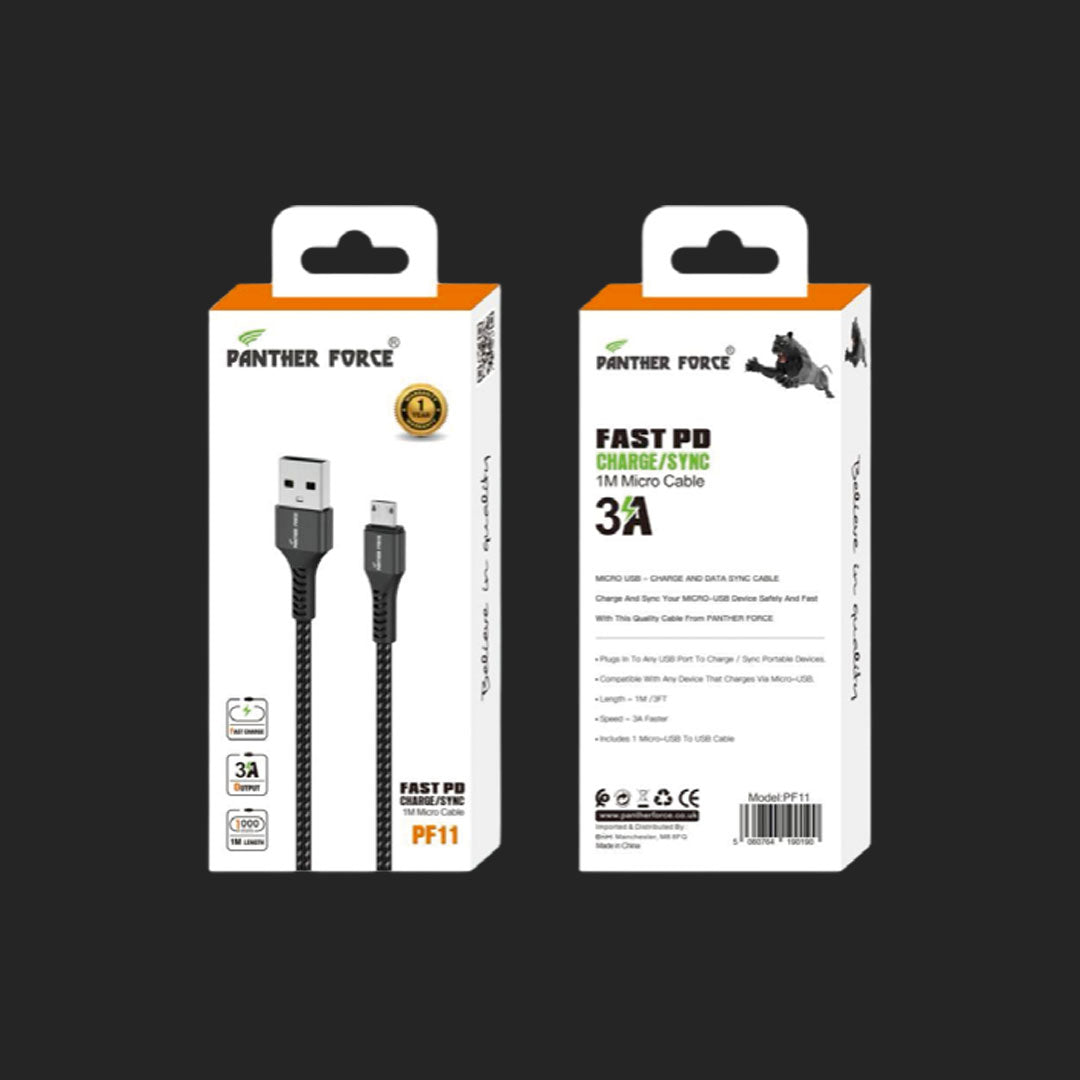 Panther Force 3A 1M Cable for Micro - PF11 - Fast Charging and Data Transfer | Durable Braided Design | High-Speed Sync Panther Force 3A 1M Cable for Micro - PF11 - Fast Charging and Data Transfer | Durable Braided Design | High-Speed Sync